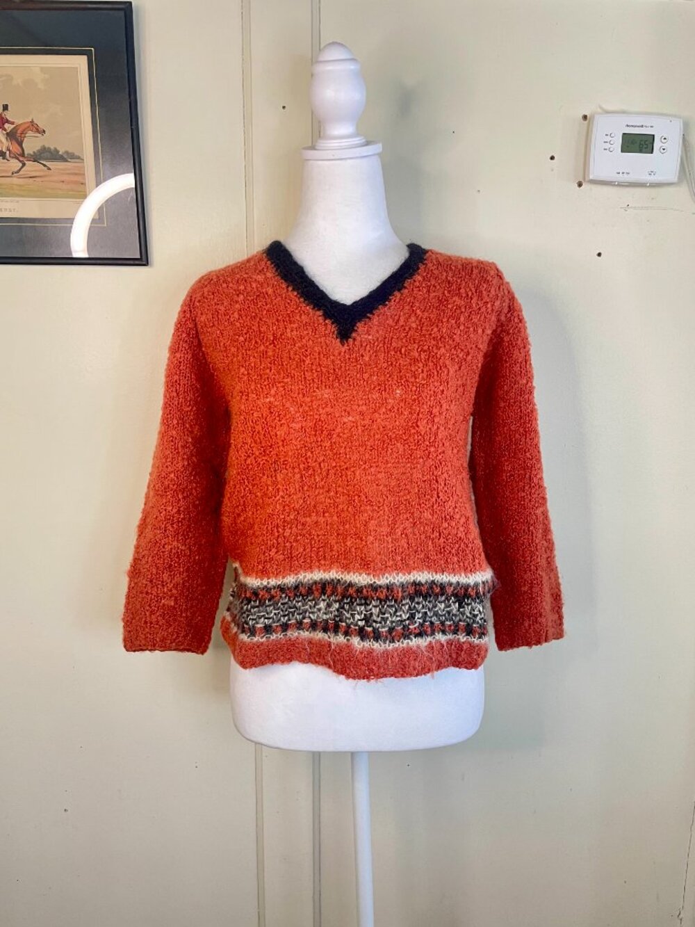 Vintage Orange Knubby Sweater w/ Black V-Neck